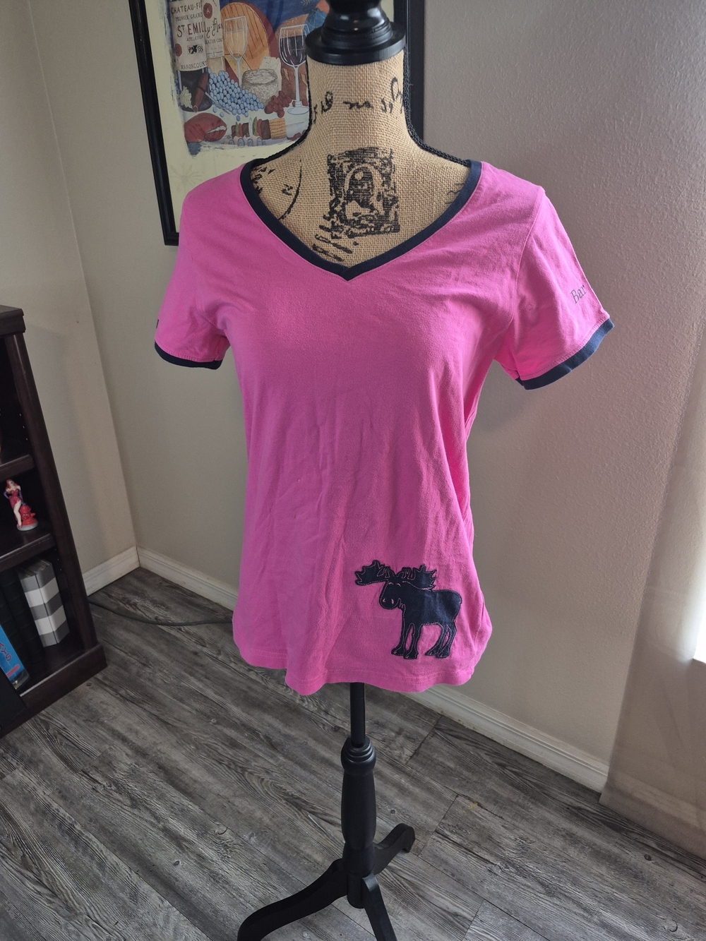 Bar Harbor Pink V-Neck Women's Top with Black Trim and Moose Motif
